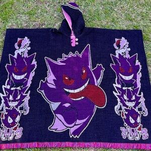 Anime Handcrafted Hooded Poncho with wooden buttons and colorful designs